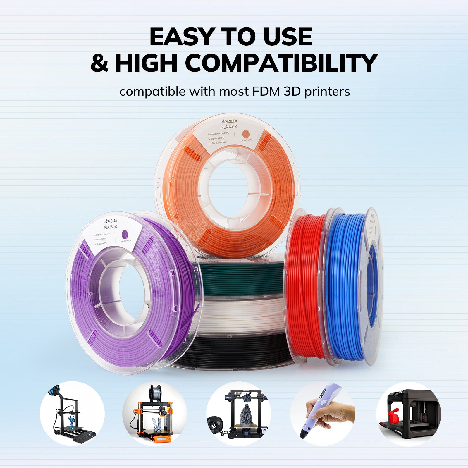 AMOLEN PLA Basic variety pack — three color palette configurations side by side