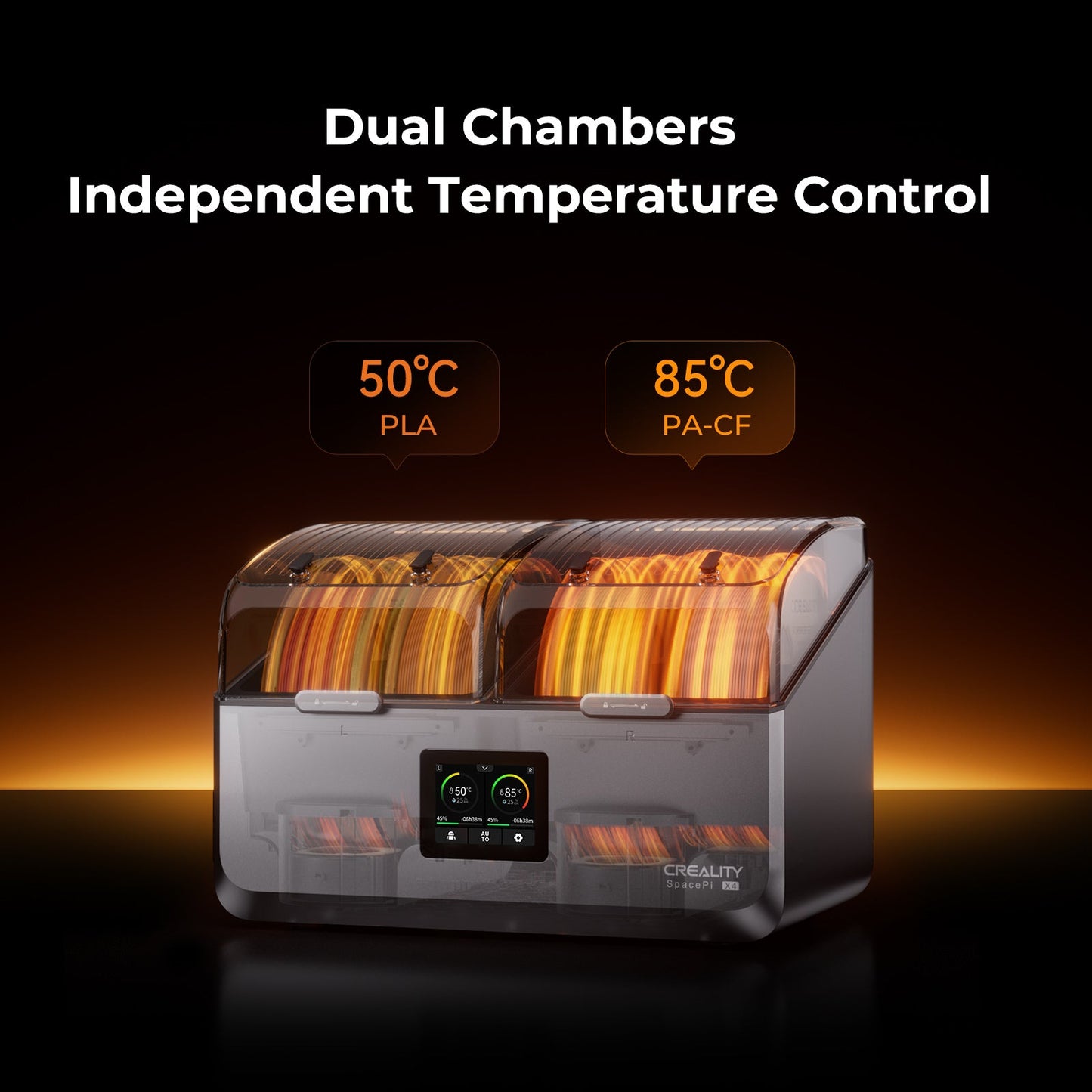 Creality SpacePi X4 temperature control settings showing up to 85 degrees Celsius for high-temperature engineering filaments