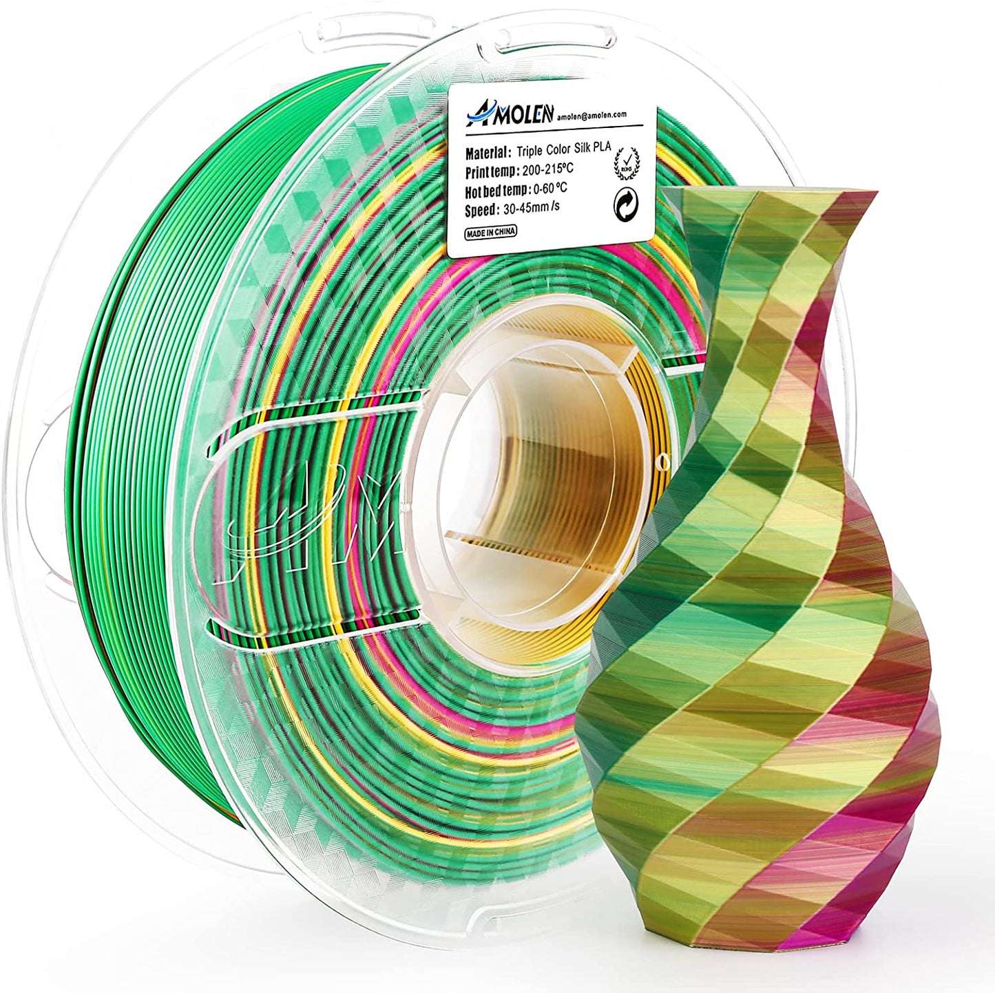 AMOLEN Silk Triple Color PLA filament — 1.75mm 1KG biodegradable spool, vacuum-sealed packaging