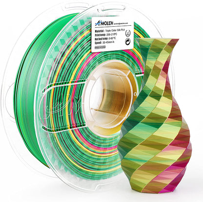 AMOLEN Silk Triple Color PLA filament — 1.75mm 1KG biodegradable spool, vacuum-sealed packaging