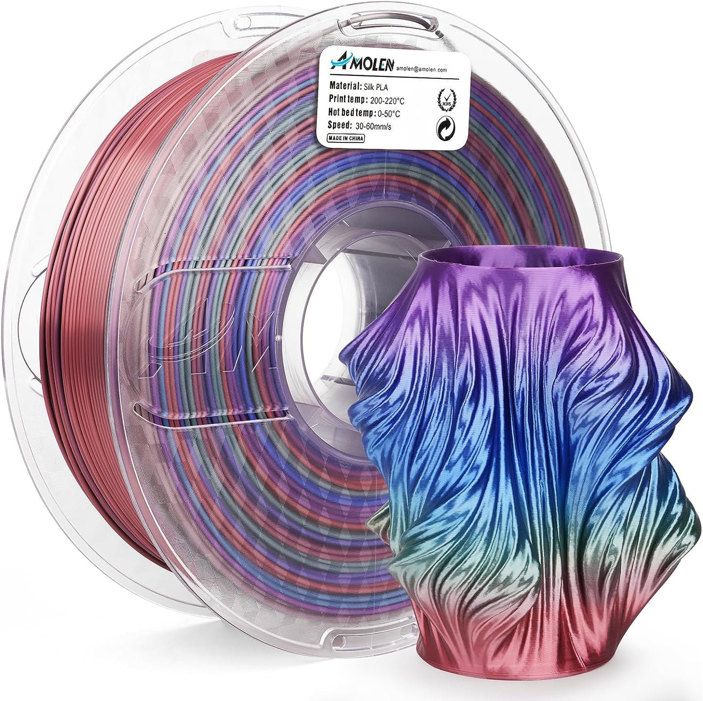 AMOLEN Silk Rainbow PLA filament — product display showing multiple colorway prints side by side