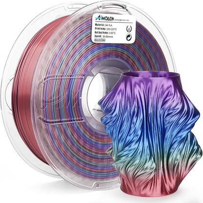 AMOLEN Silk Rainbow PLA filament — product display showing multiple colorway prints side by side
