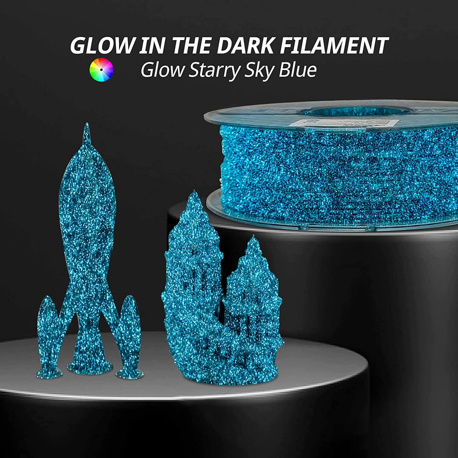 Glow PLA variety pack — spool contents and glow output product listing shot