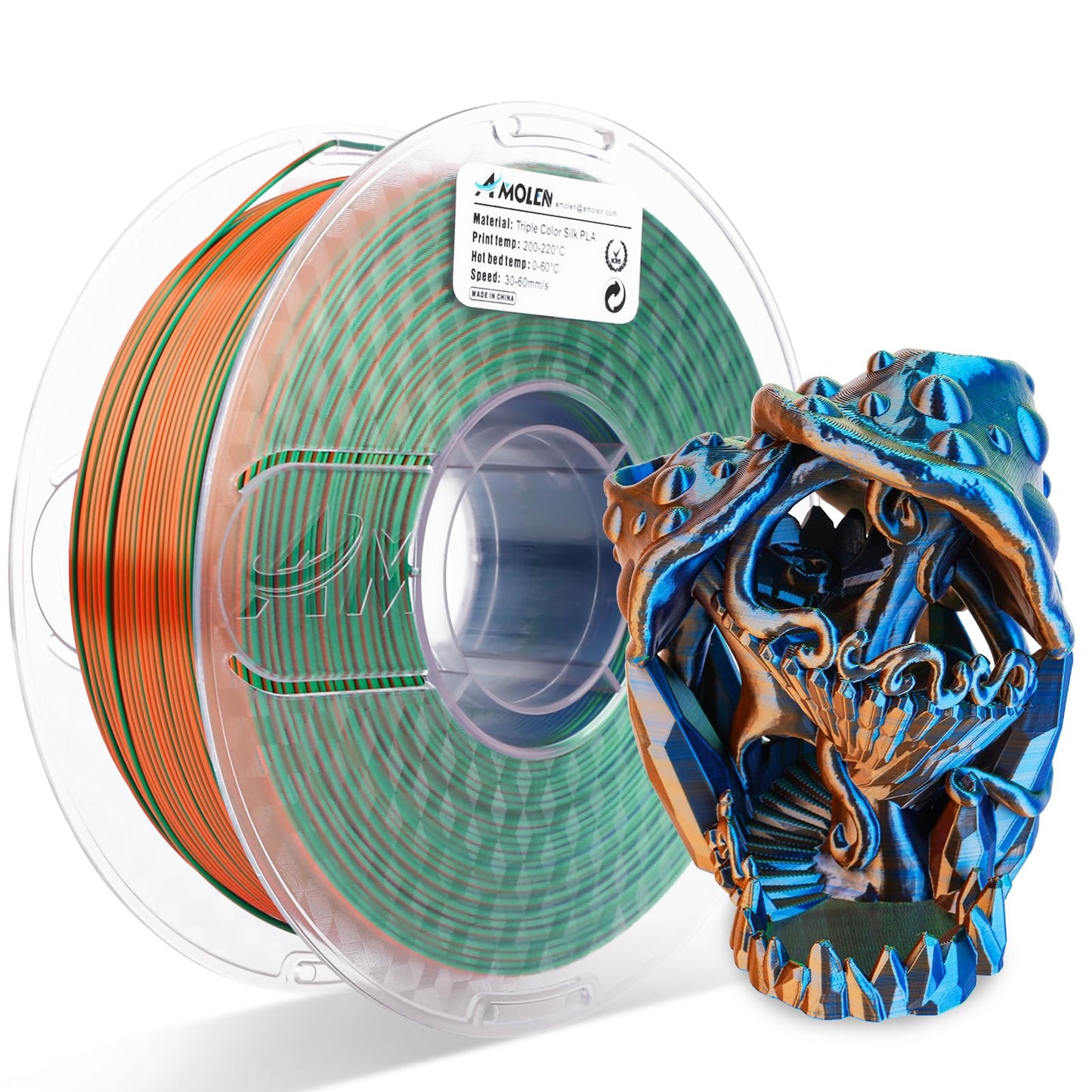 AMOLEN PLA Silk Triple Color filament — product overview showing spiral three-color strand winding