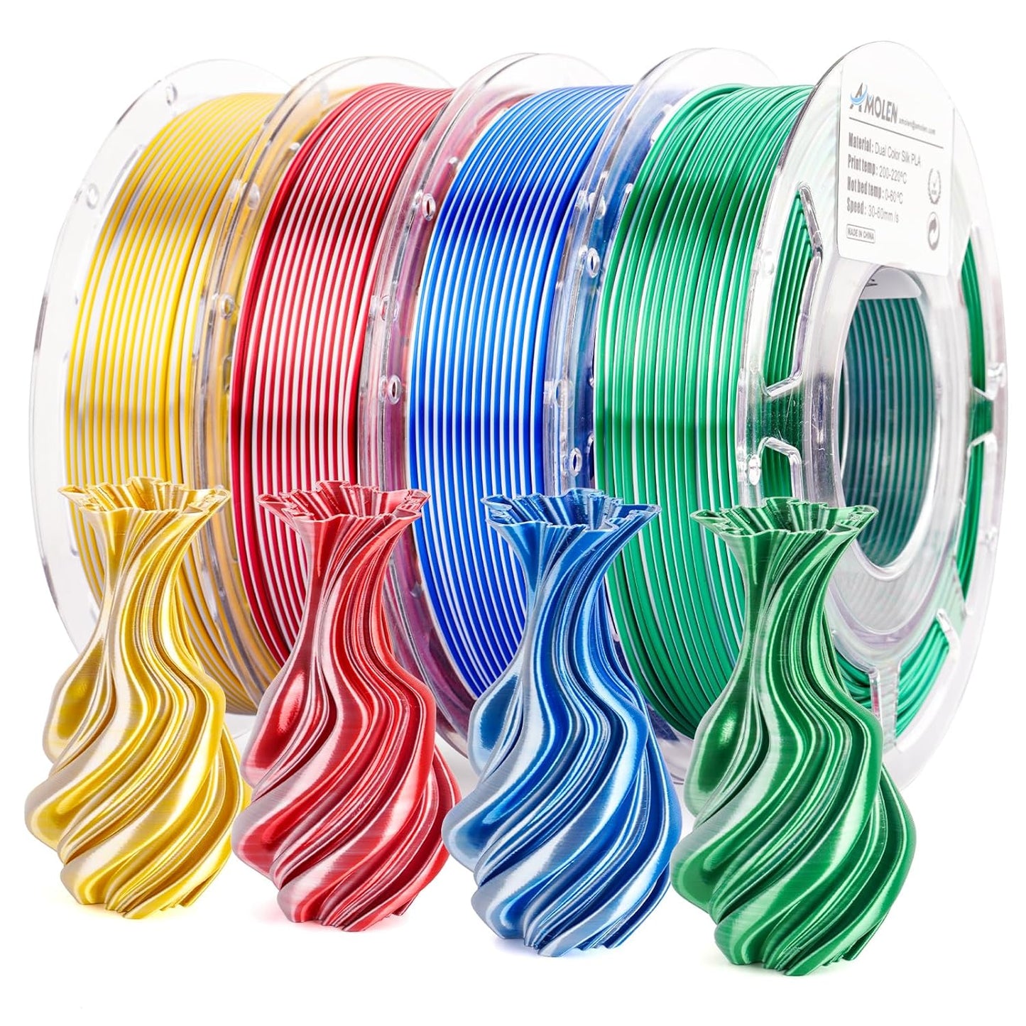 Silk dual color PLA 200g spool — dual color strand metallic sheen detail