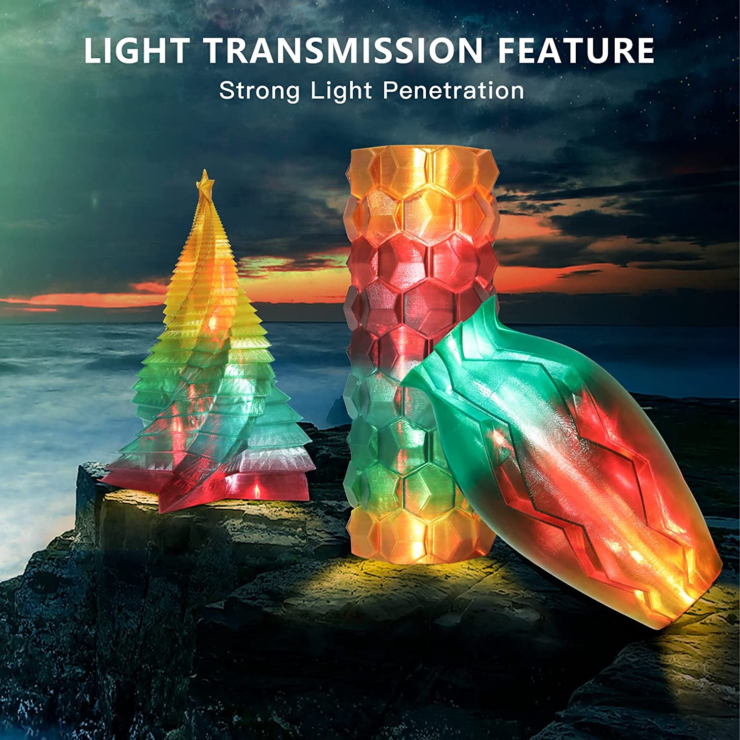 Crystal-Transparent Gradient PLA variety pack — Amazon listing, light-transmission filament set