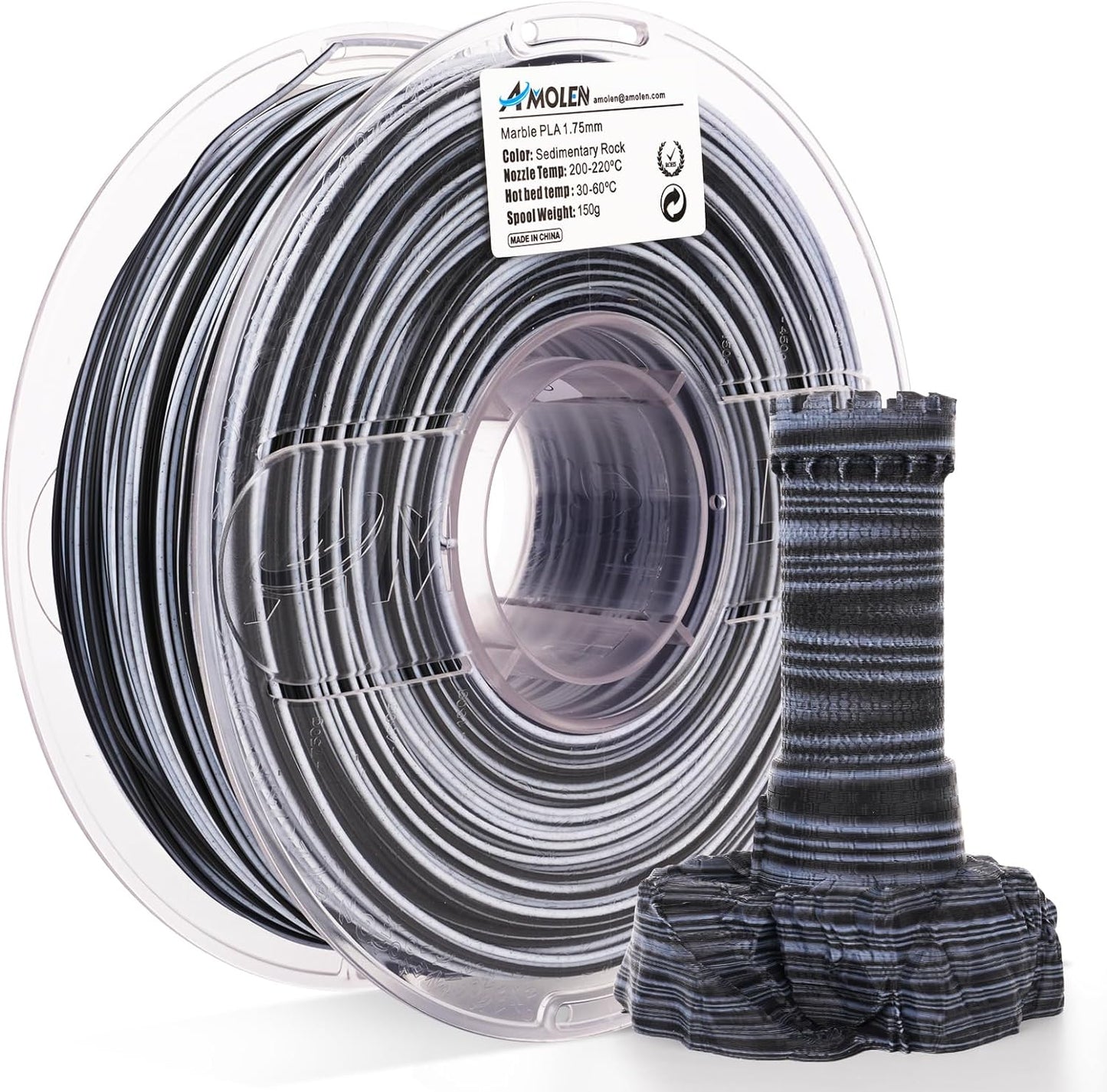 AMOLEN Marble PLA filament dimensional accuracy and print specification chart