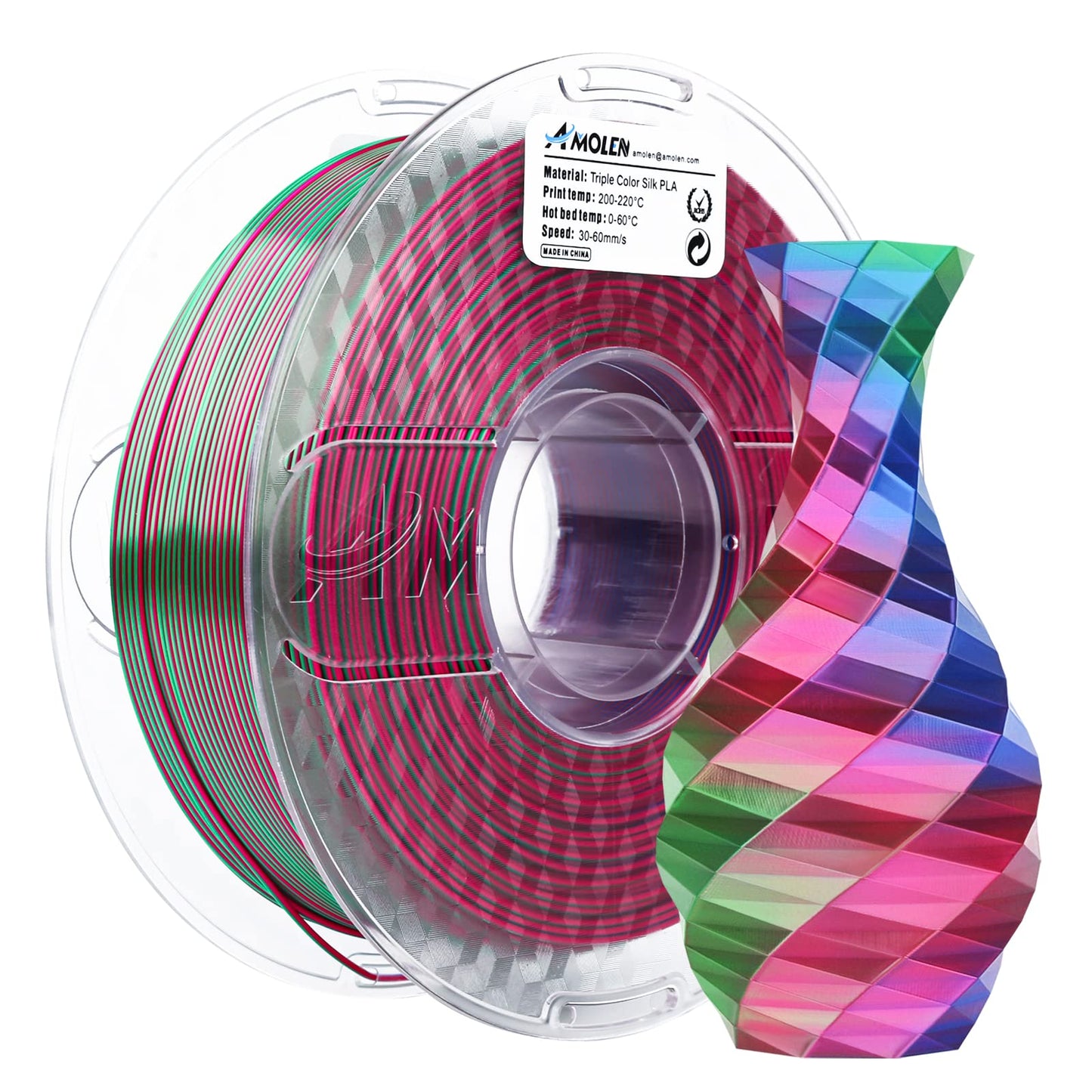 AMOLEN PLA Silk Triple Color filament — silk glossy surface with three-color rotation visible