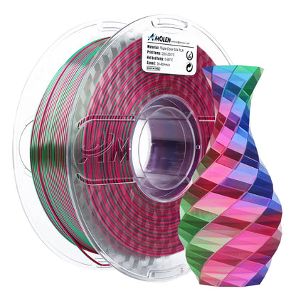 AMOLEN PLA Silk Triple Color filament — silk glossy surface with three-color rotation visible