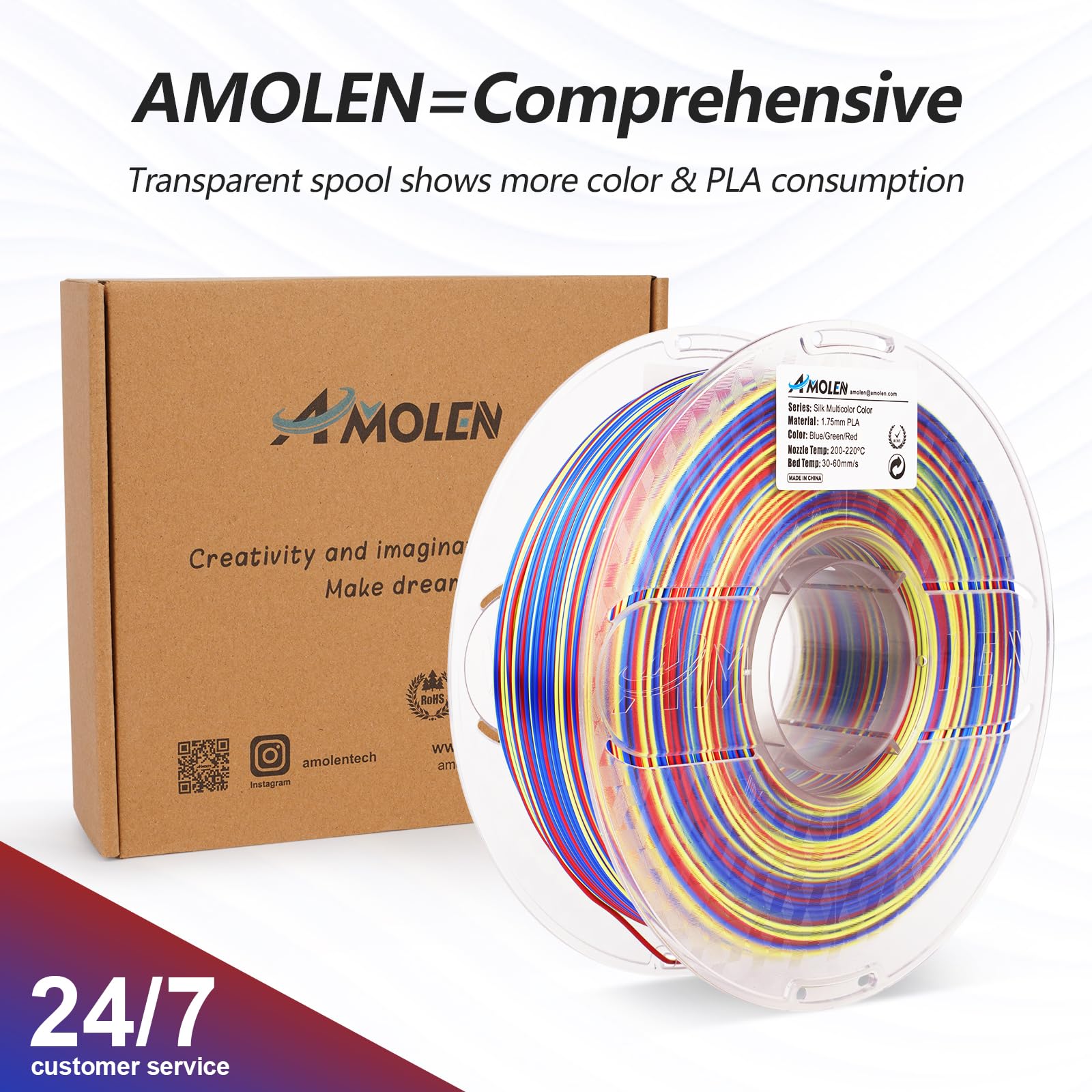 AMOLEN S-Series Silk PLA print sample — spiral color banding across layers, multicolor finish