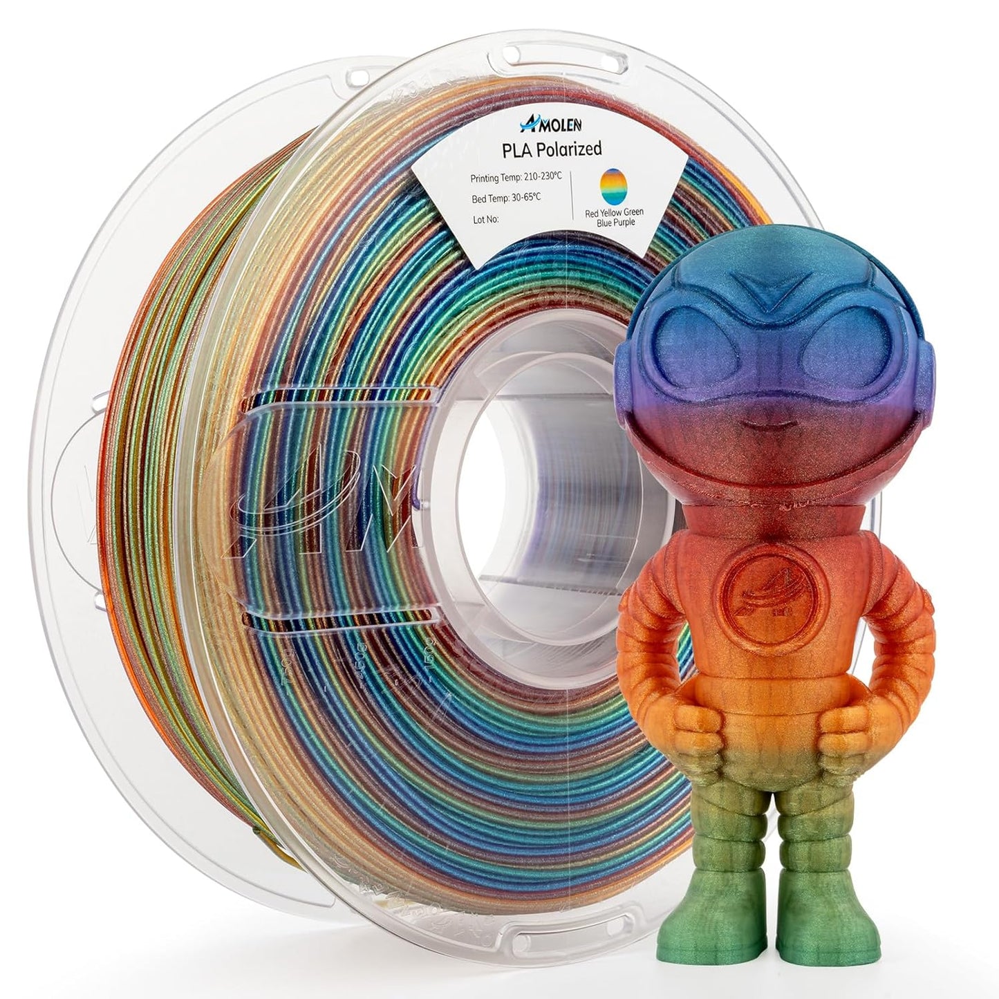 AMOLEN Galaxy PLA filament spool label with print specifications