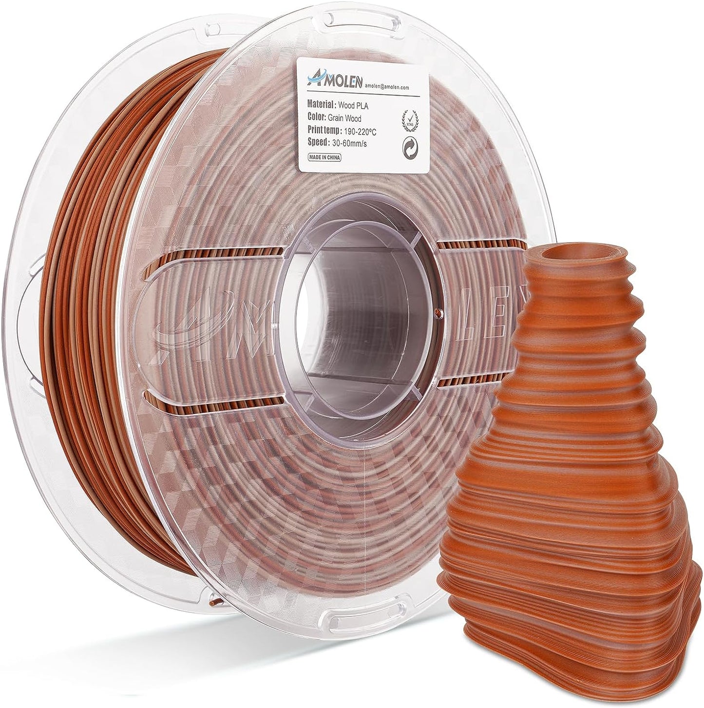 AMOLEN Wood PLA filament 1.75mm 1KG spool showing biodegradable wood fiber material surface detail