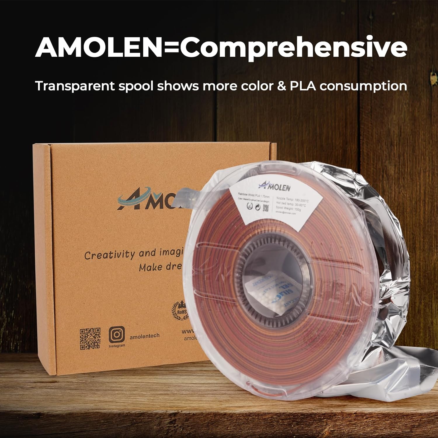 AMOLEN Wood Fill PLA 3D printer filament showing multiple wood species colorway options available