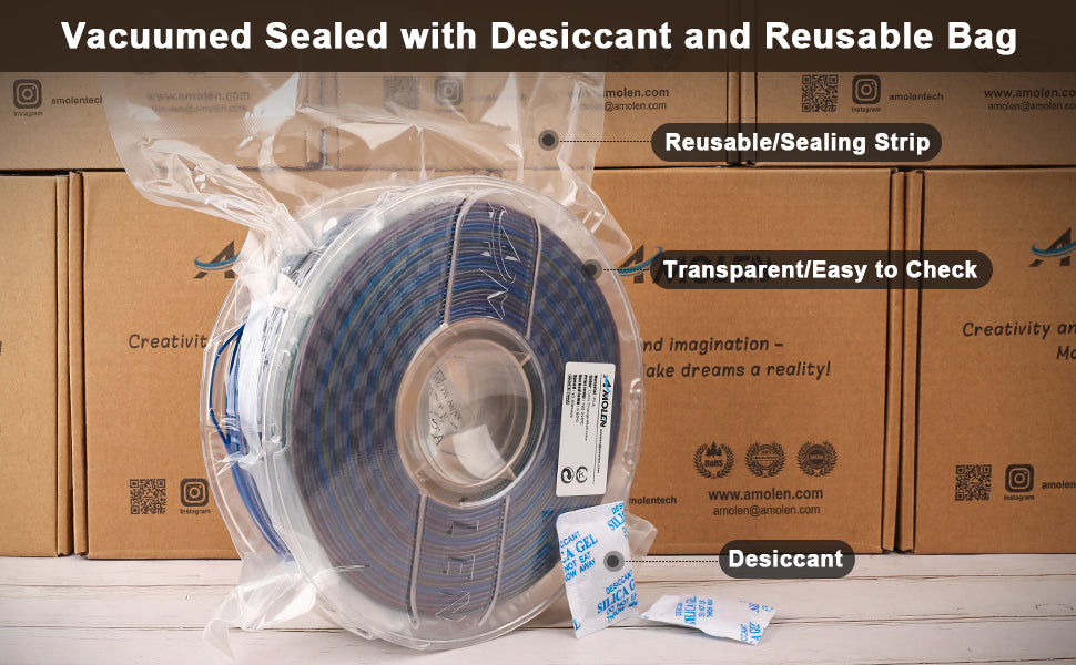 AMOLEN Galaxy PLA filament size and compatibility comparison infographic