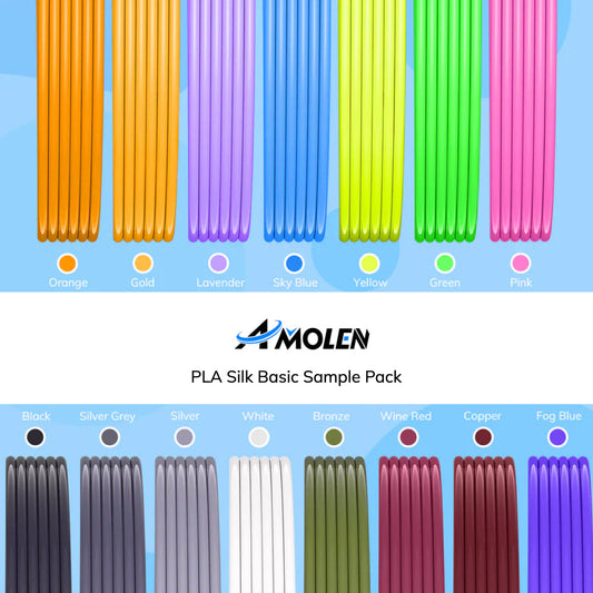 Amolen PLA Silk Basic Sample Pack — 15 single-color silk PLA rolls, approximately 10g each