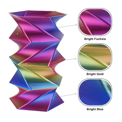 Gold Fuchsia Blue triple color silk PLA — alternate angle showing three-color strand on spool