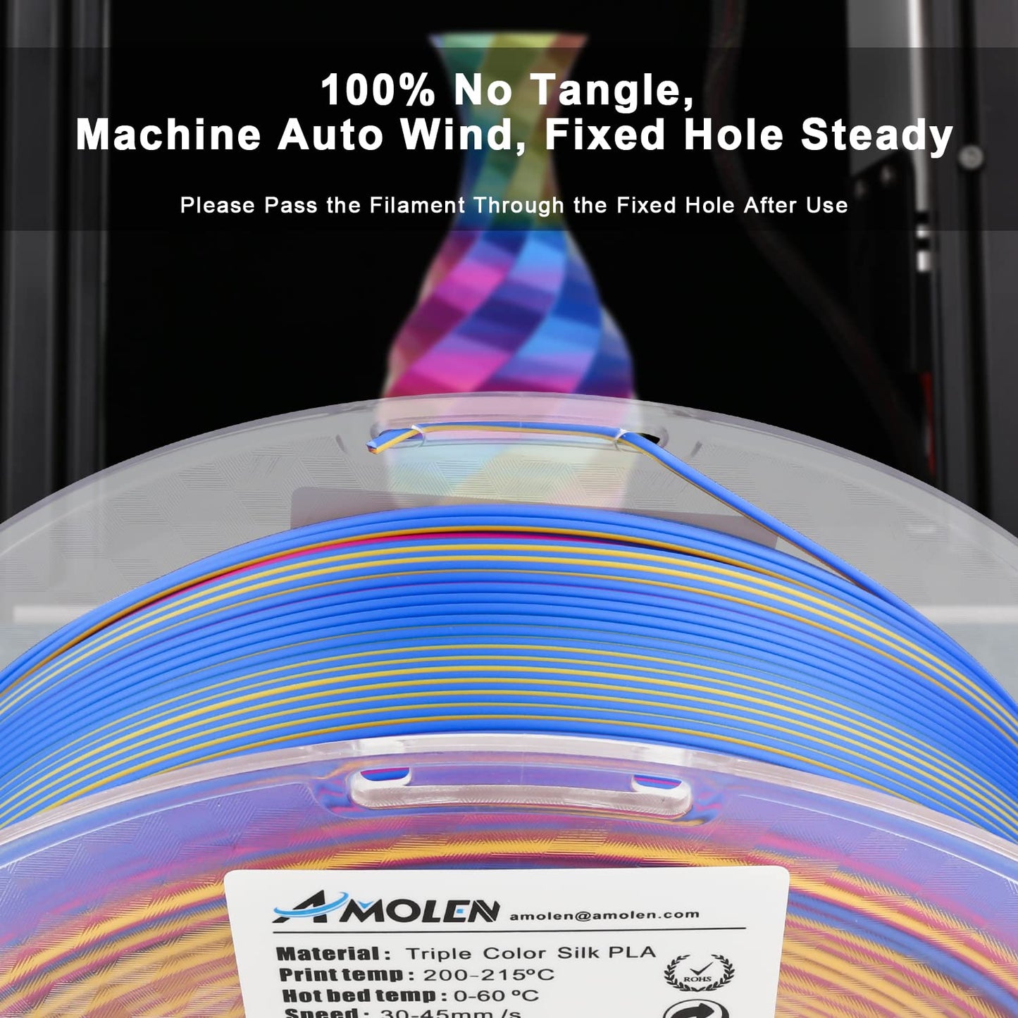 Gold Fuchsia Blue triple color silk PLA filament — front view showing three-color spiral pattern