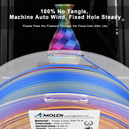 Gold Fuchsia Blue triple color silk PLA filament — front view showing three-color spiral pattern