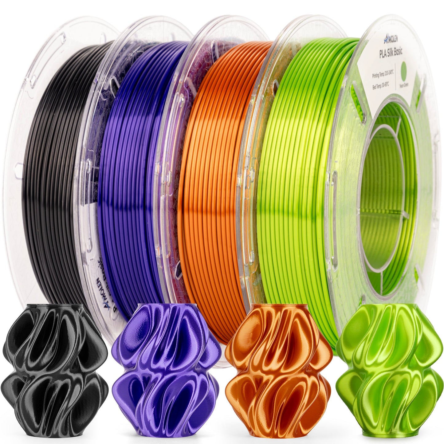 Amolen Silk PLA variety pack — four 200g spools with metallic sheen filament
