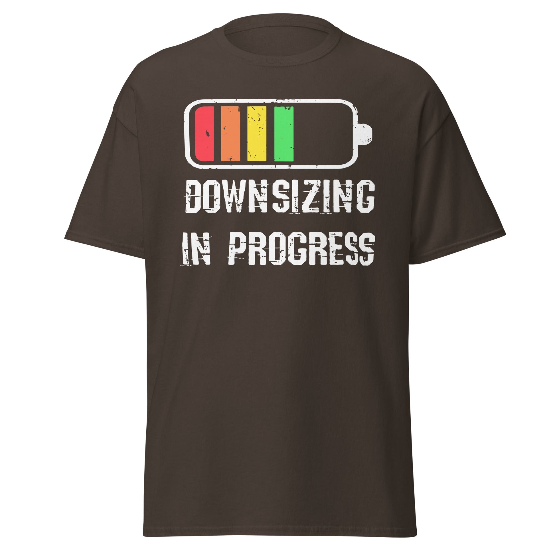 Downsizing in Progress bariatric tee on brown Gildan 5000 shirt by VectorDesignsArizona.