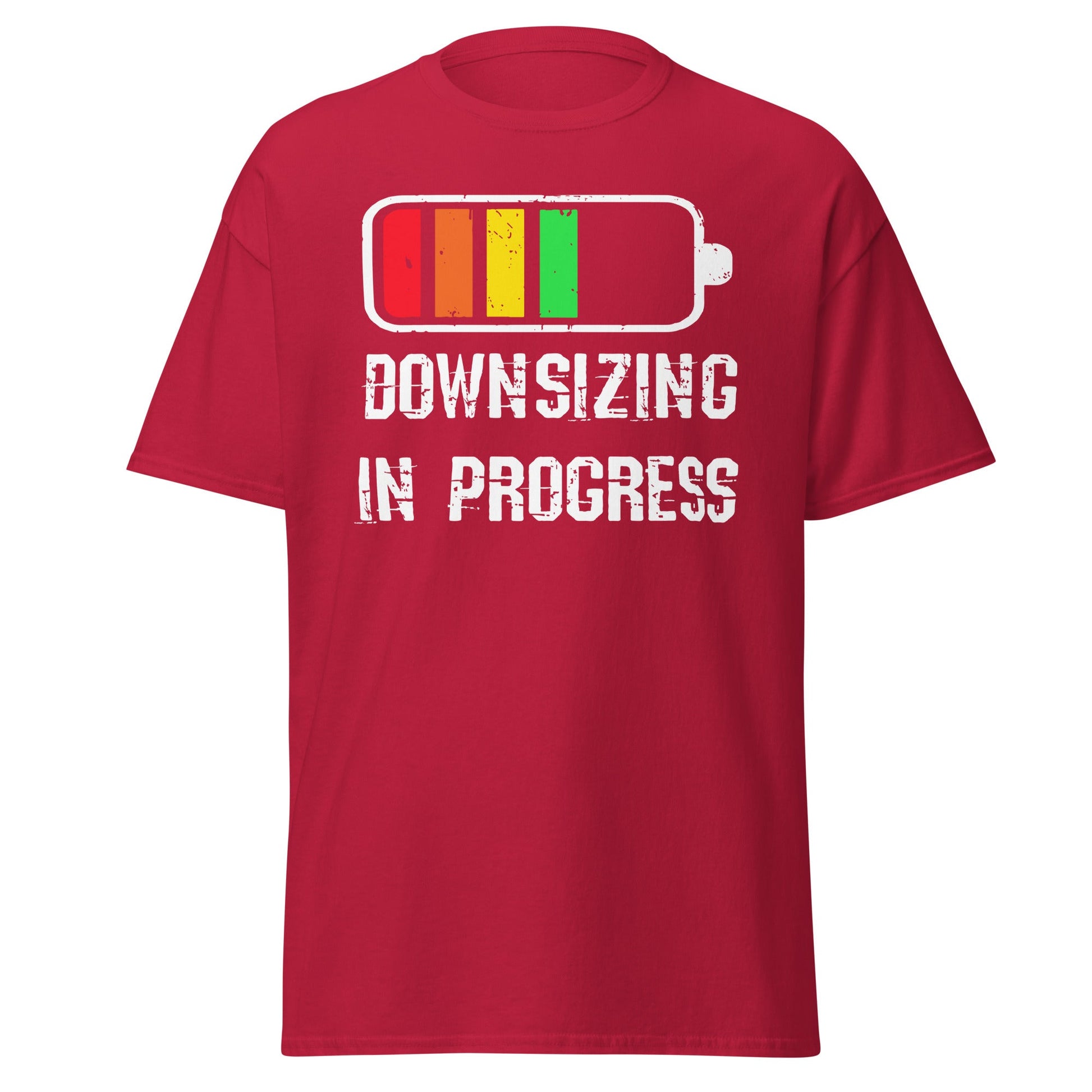 Downsizing in Progress motivational shirt in red cotton tee by VectorDesignsArizona.