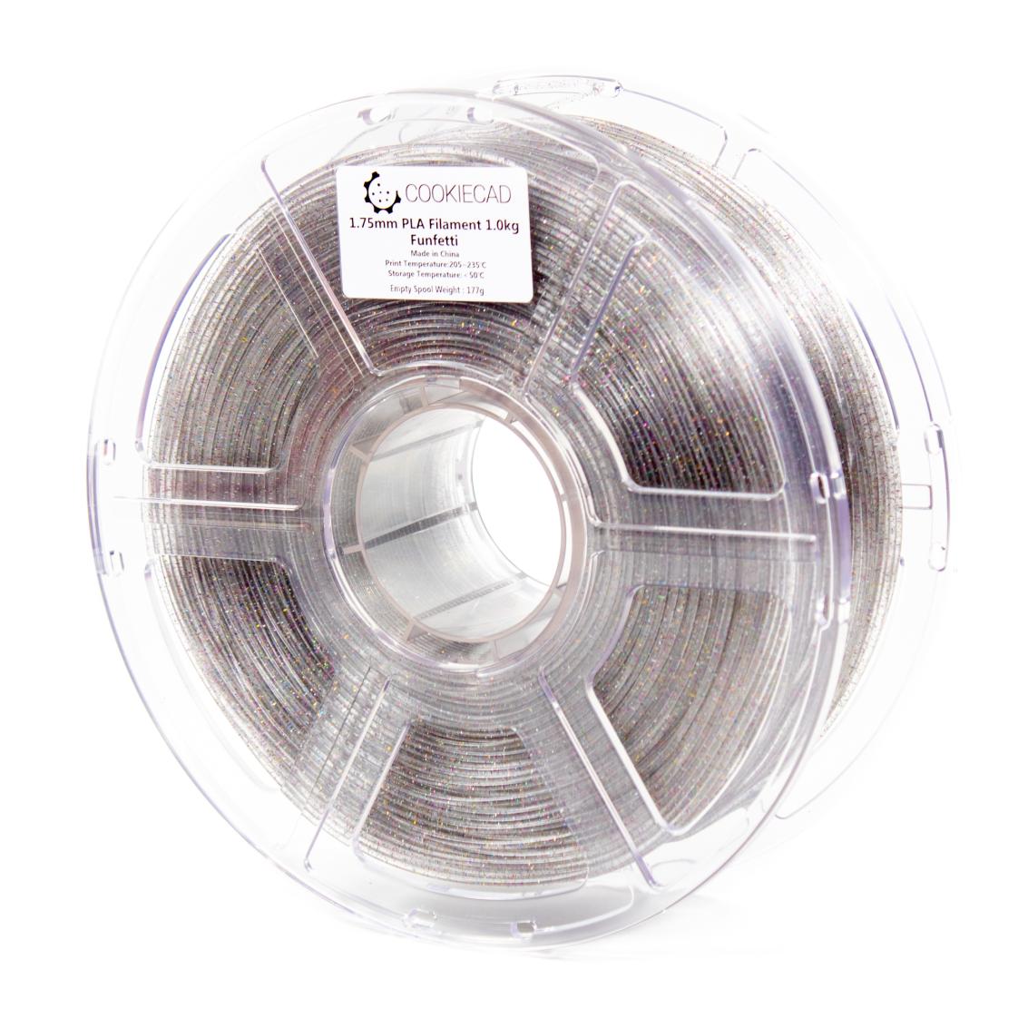 Cookiecad Funfetti PLA filament 1.75mm 1kg – clear base with rainbow glitter, spool