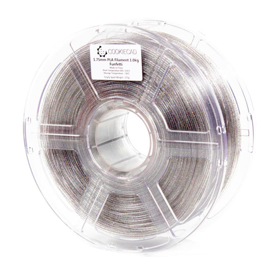 Cookiecad Funfetti PLA filament 1.75mm 1kg – clear base with rainbow glitter, spool