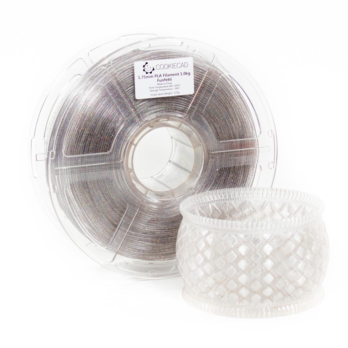 Cookiecad Funfetti PLA filament detail – multicolor glitter sparkle