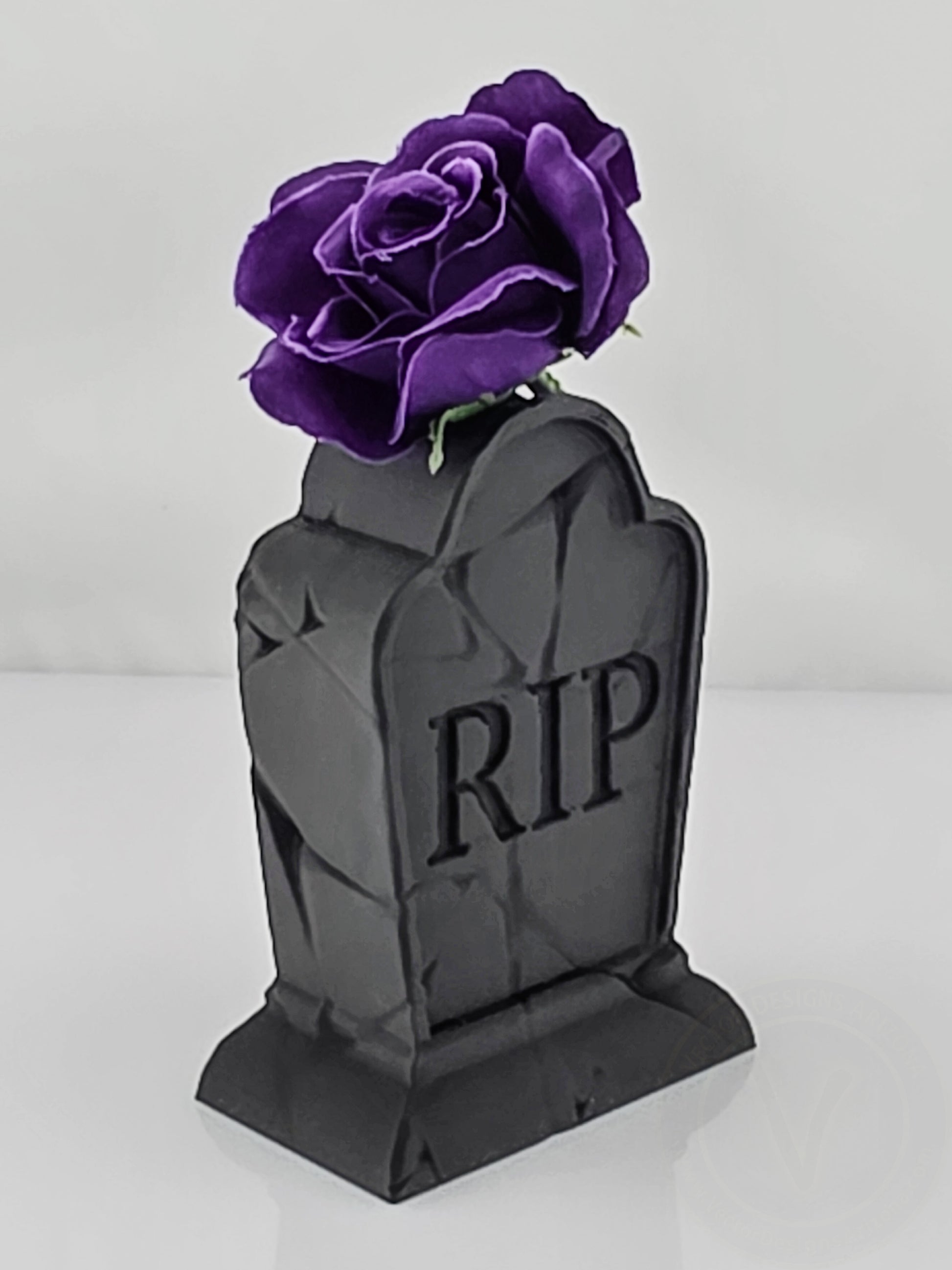 Gothic gravestone vase styled with purple rose, 3D printed tombstone decor for Halloween or desk display