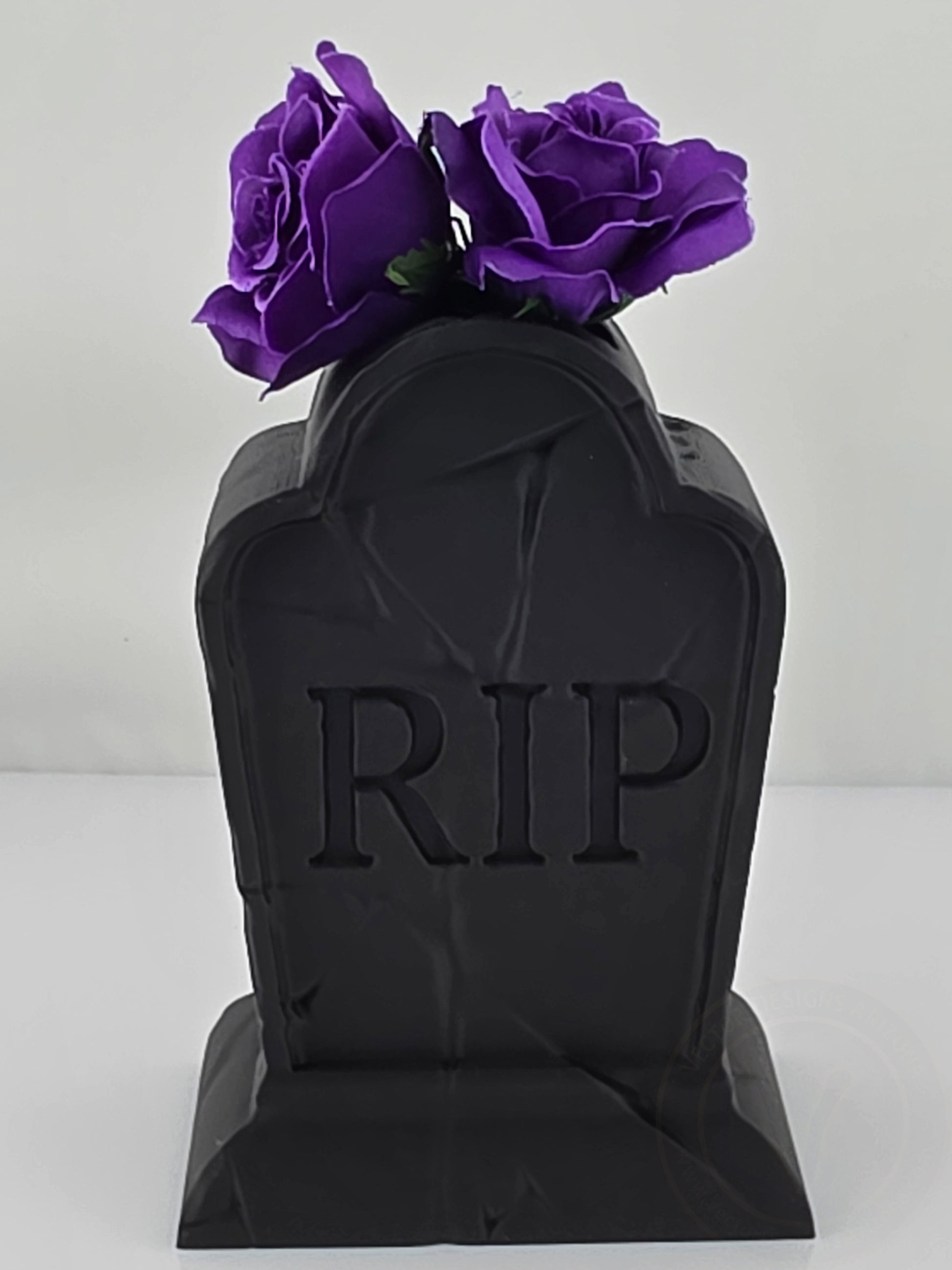 Gothic gravestone vase styled with purple rose, 3D printed tombstone decor for Halloween or desk display