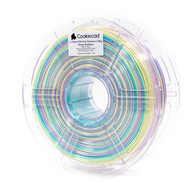 Cookiecad Silk Pastel Rainbow PLA filament 1.75mm 1kg – pastel rainbow gradient with glossy silk finish, spool