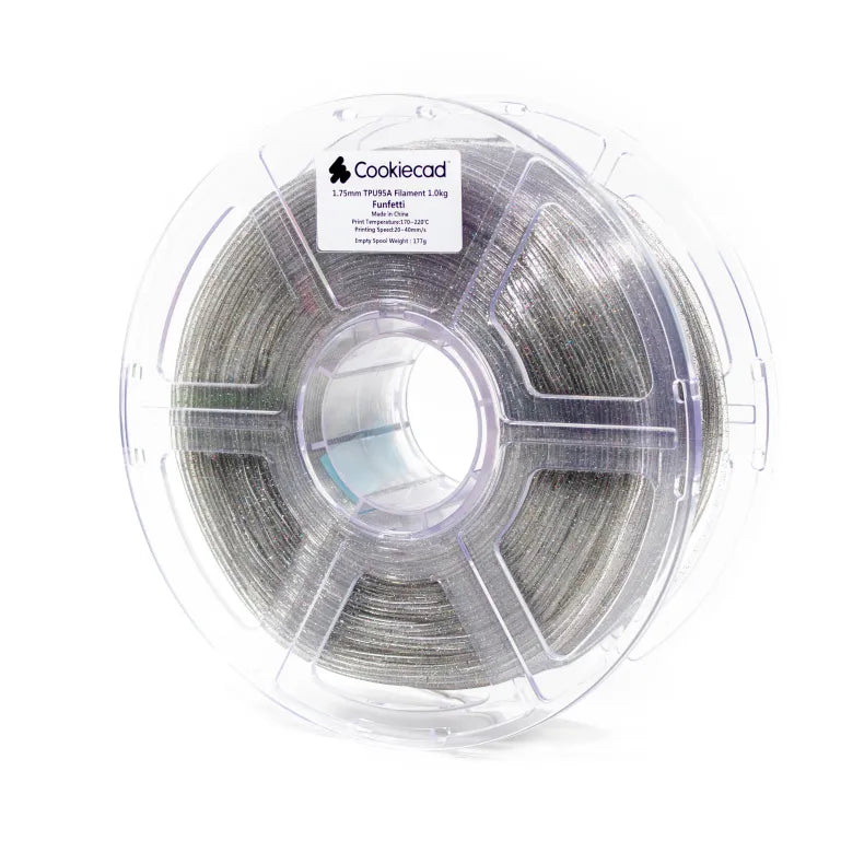 Cookiecad Funfetti TPU 95A filament 1.75mm 1kg – clear base with rainbow glitter, flexible spool