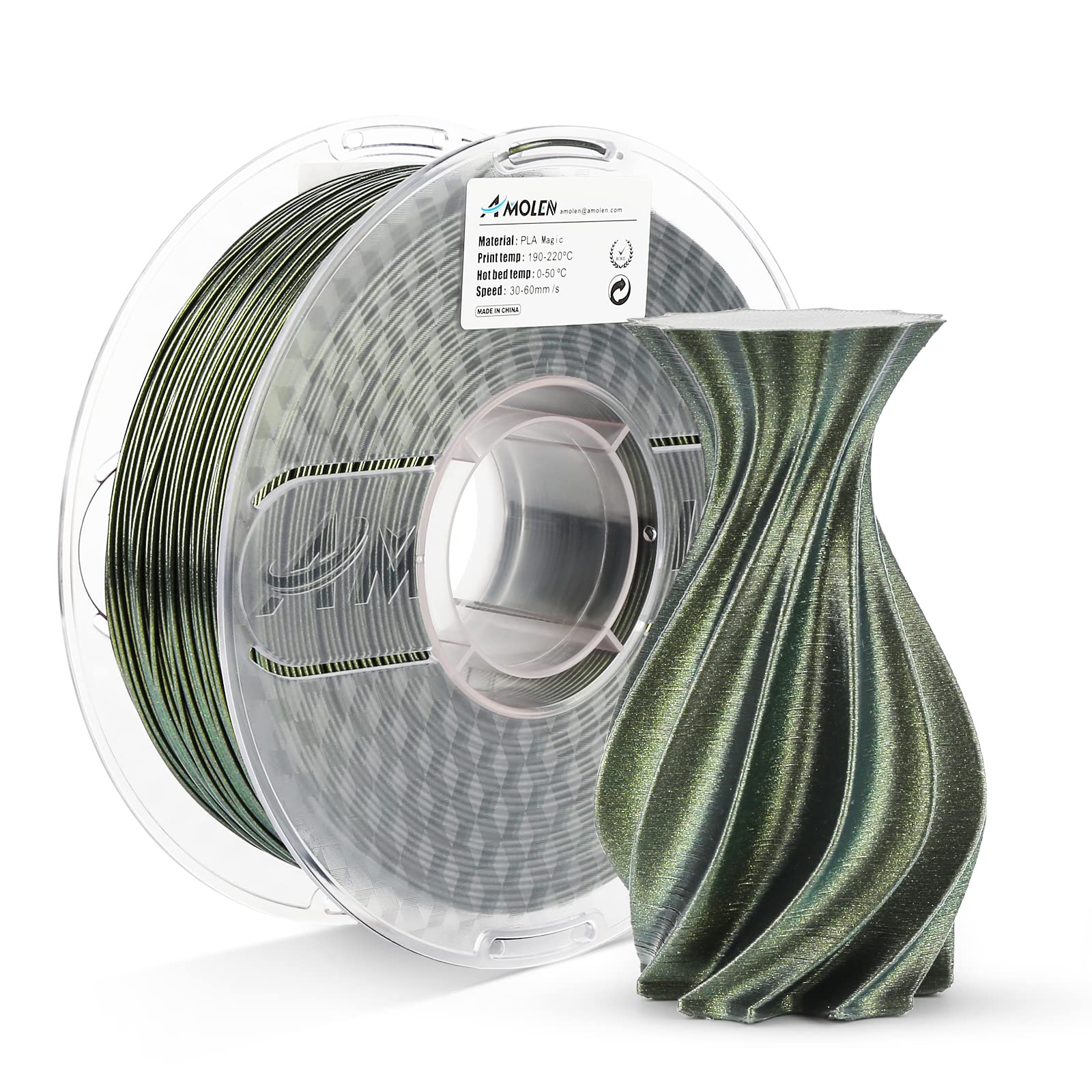 AMOLEN Galaxy Gold PLA filament 1.75mm spool showing metallic golden sparkle