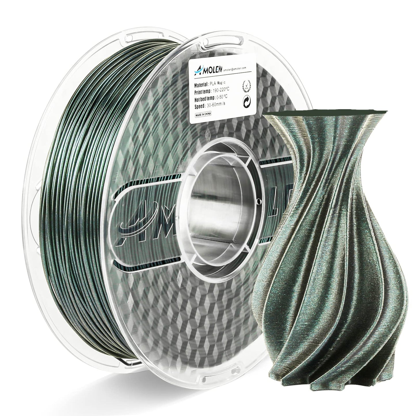 AMOLEN Galaxy Green PLA filament 1.75mm spool showing green sparkle effect
