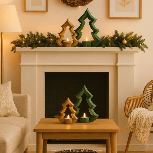 Minimalist Christmas Tree T-Light Candle Set in Matte Brown and Olive Green displayed on a cozy Scandinavian-style mantle and table with soft warm lighting, evergreen garland, and LED candles by VectorDesignsArizona™.