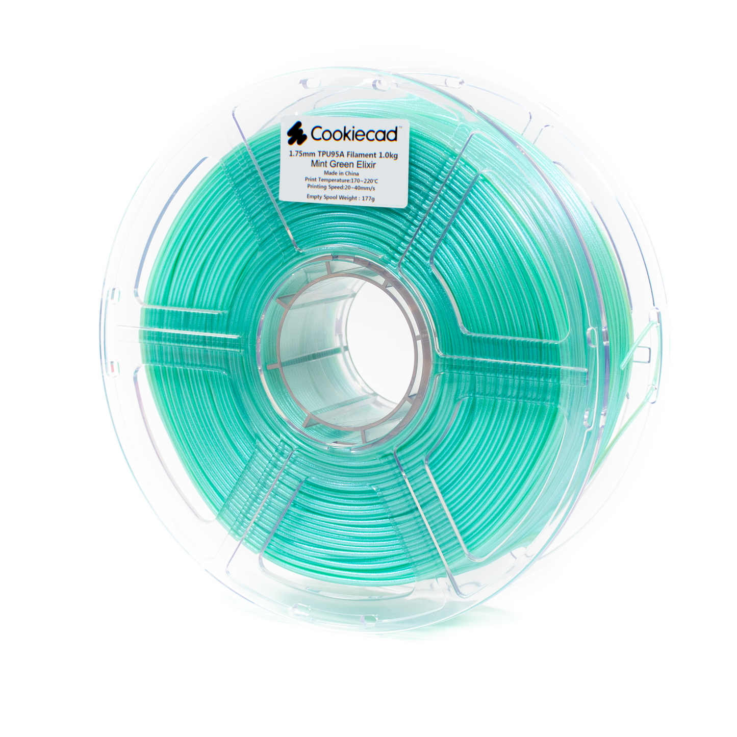 Cookiecad Mint Green Elixir TPU 95A filament 1.75mm 1kg – mint green with iridescent blue tint, flexible spool