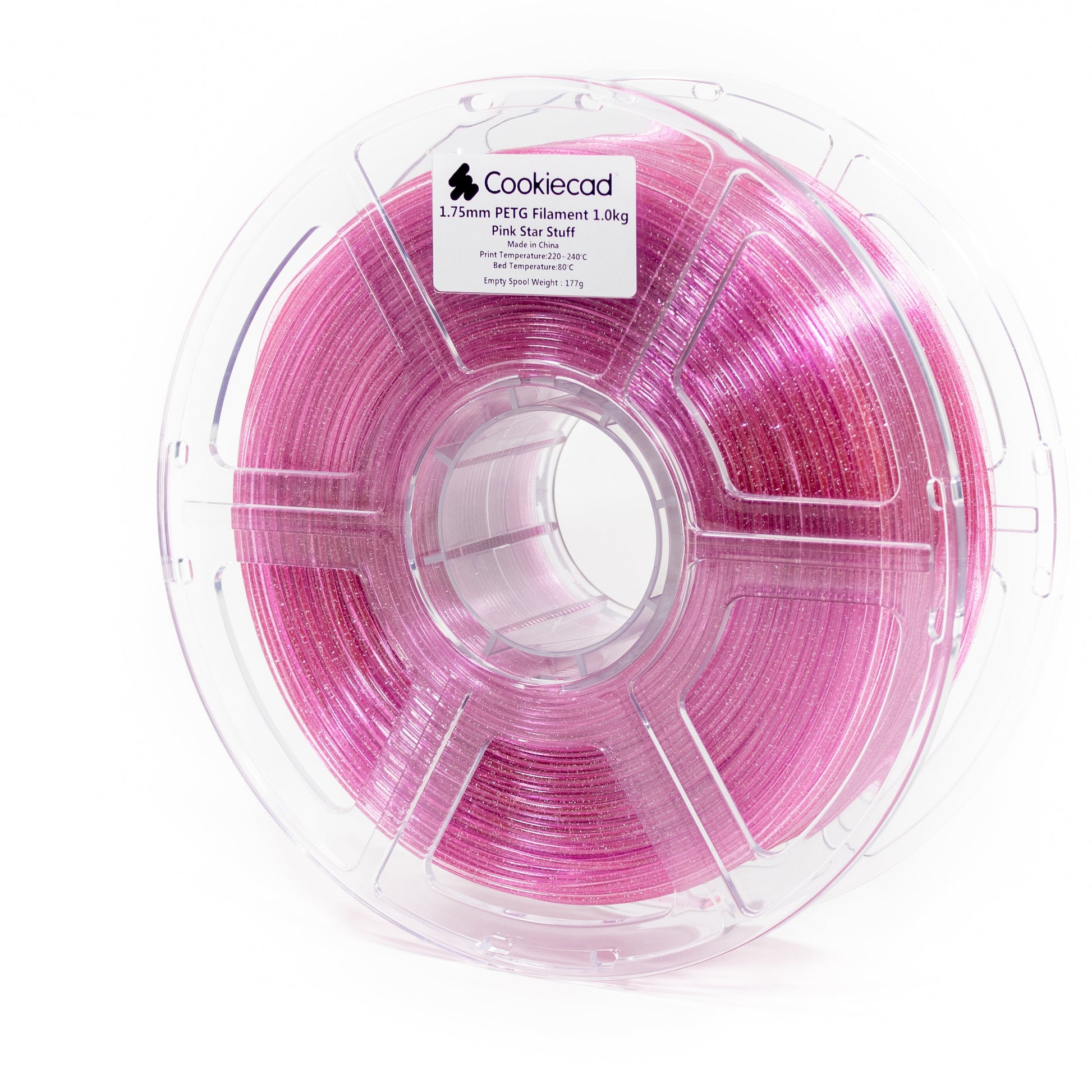 Cookiecad Pink Star Stuff PETG filament 1.75mm 1kg – translucent pink with silver glitter, 1kg spool