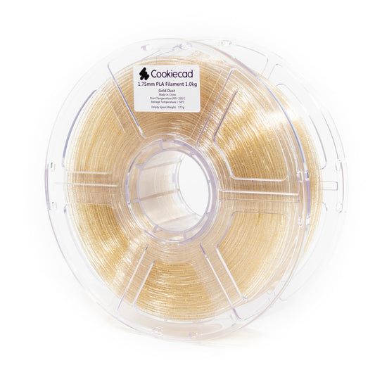 Cookiecad Gold Dust PLA filament 1.75mm 1kg – clear base with gold glitter, spool