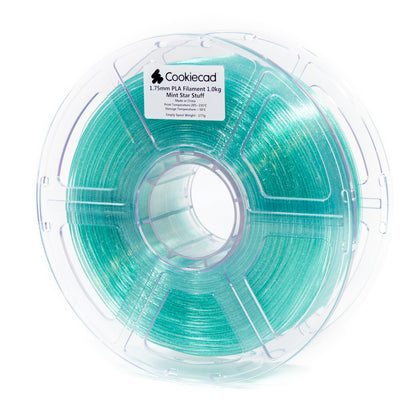 Cookiecad Mint Star Stuff PLA filament 1.75mm 1kg – translucent mint with silver glitter, spool