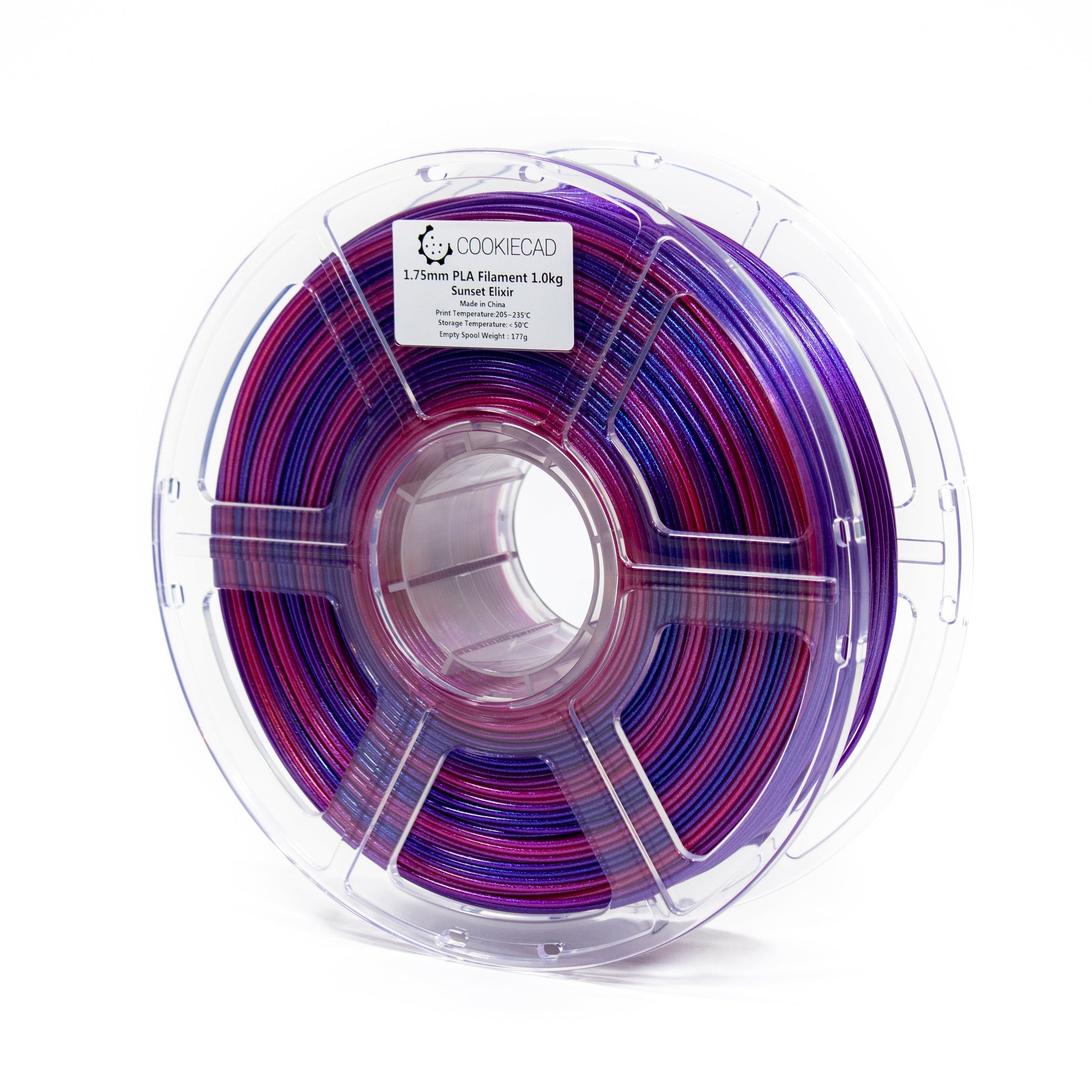 Cookiecad Sunset Elixir PLA filament 1.75mm 1kg – blue to purple to magenta gradient with shimmer, spool