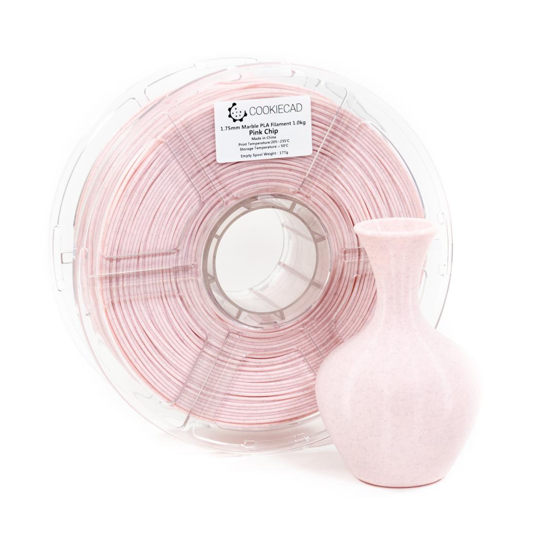 Cookiecad Pink Chip Marble PLA filament – spool side view