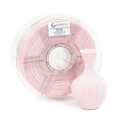 Cookiecad Pink Chip Marble PLA filament – spool side view