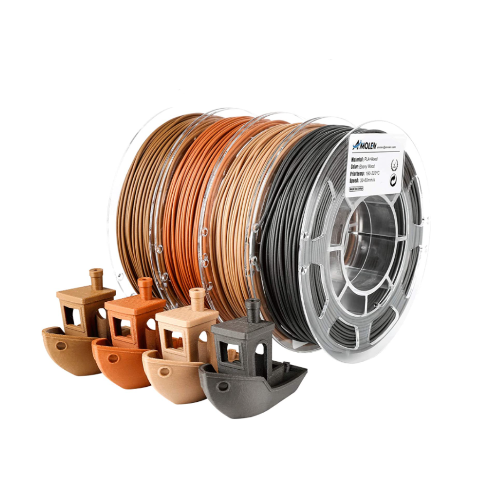 AMOLEN Wood PLA Variety Pack — product overview showing natural wood grain texture filament configurations