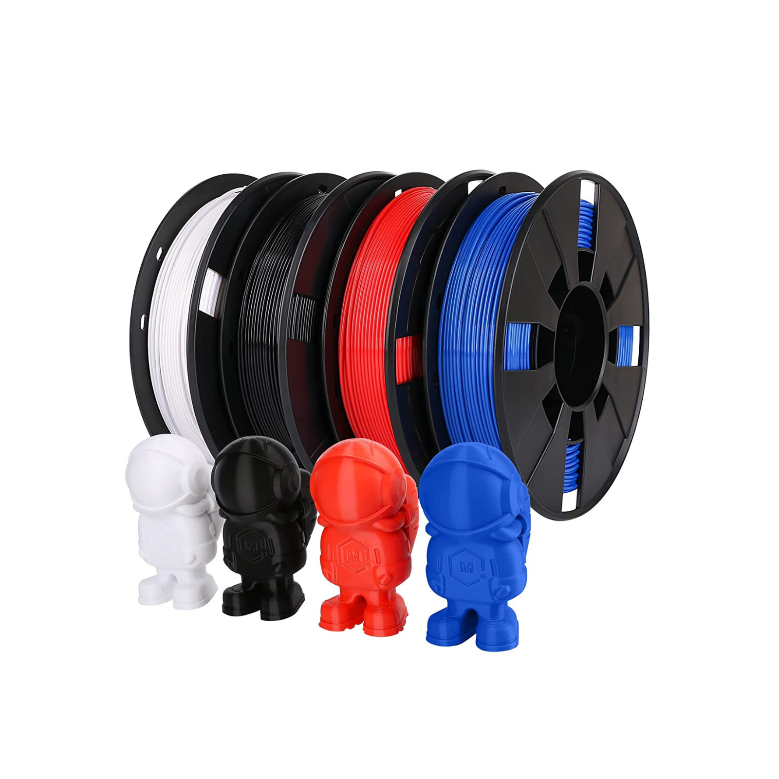 AMOLEN PETG Basic Variety Pack 4x200g — Black, White, Red, Blue filament spools