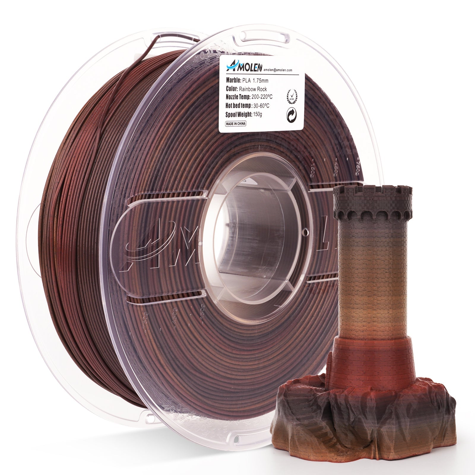 AMOLEN Rainbow Rock PLA filament close-up showing multi-mineral color blend