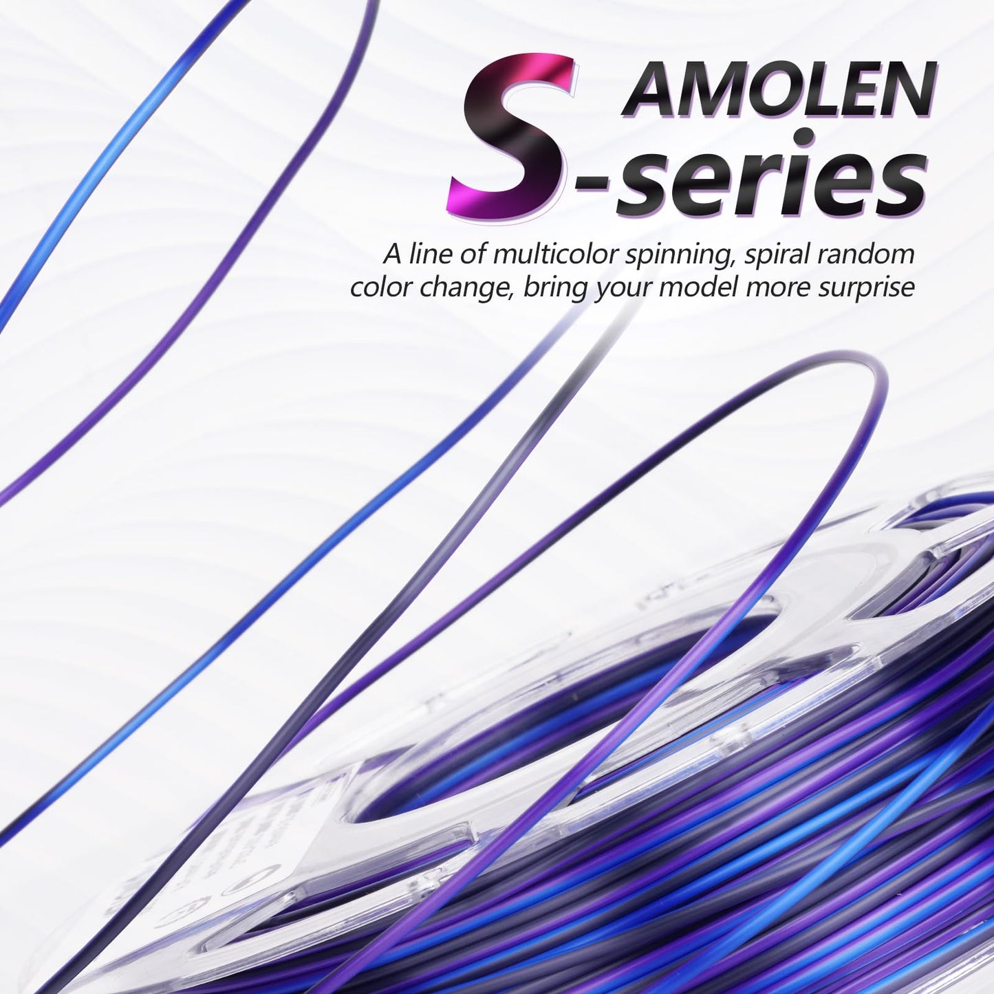 AMOLEN S-Series A Silk PLA spool close-up — Blue Silver White spiral gradient filament detail