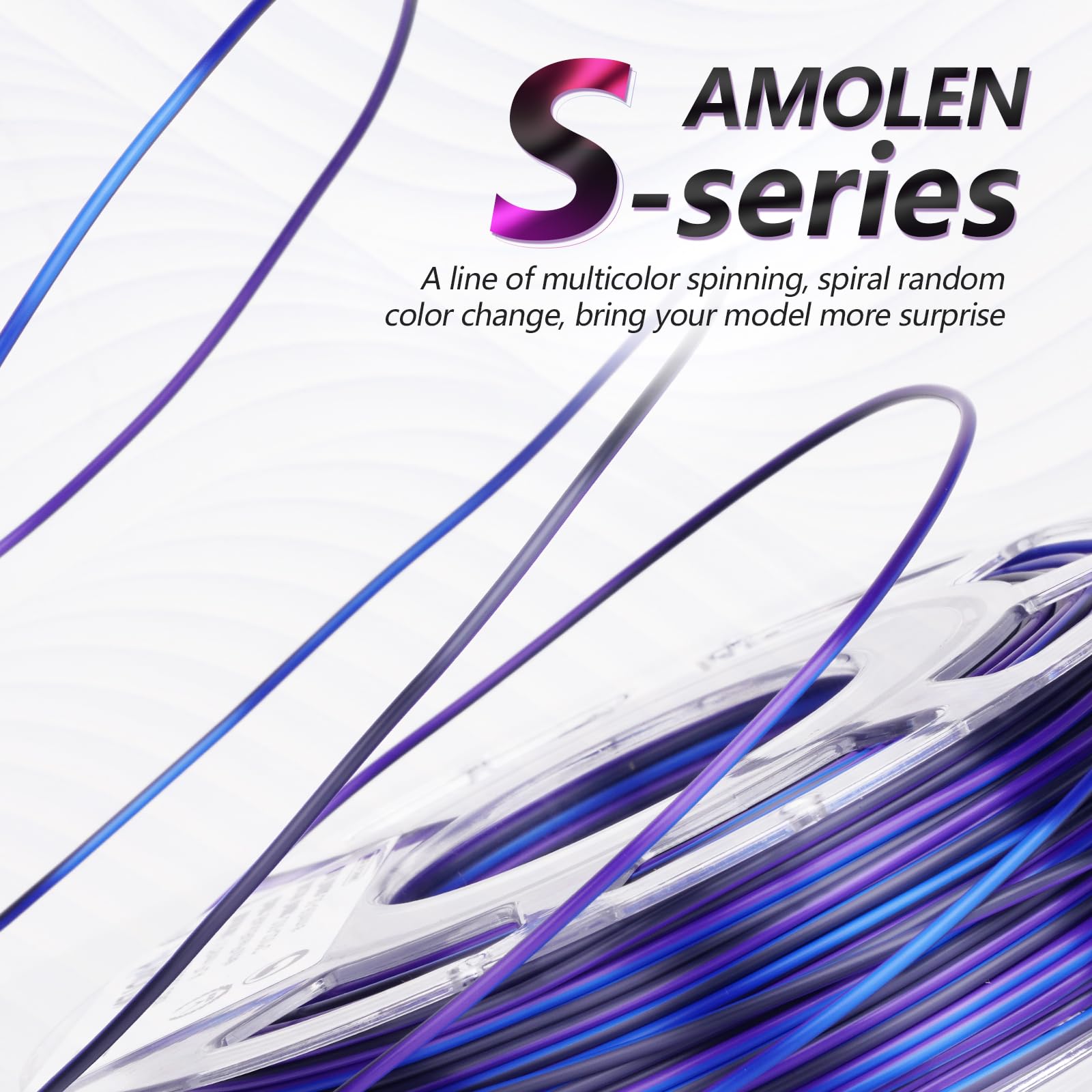 AMOLEN S-Series A Silk PLA spool close-up — Blue Silver White spiral gradient filament detail