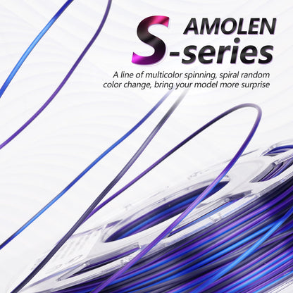 AMOLEN S-Series A Silk PLA spool close-up — Blue Silver White spiral gradient filament detail