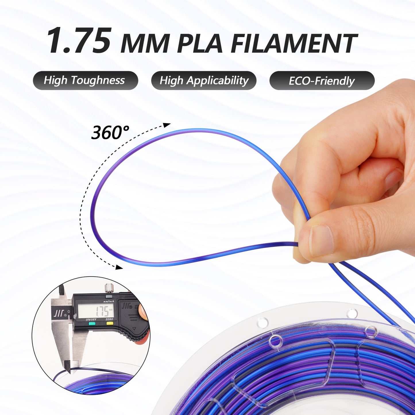 AMOLEN S-Series A Silk PLA spool side view — Red Black spiral silk filament close-up