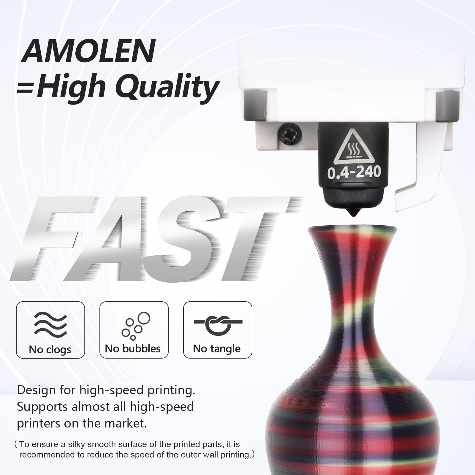 AMOLEN S-Series B Silk PLA spool detail — Black Red Yellow and Blue Red Yellow Green spiral